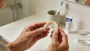 person holding dentures